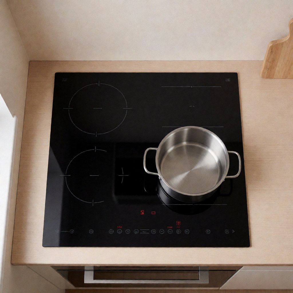 Cuisinière à induction noire avec casserole en acier inoxydable vide sur un plan de travail en bois clair, murs beige, vue de dessus.