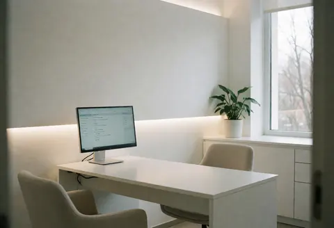 Consultoire médical moderne et épuré doté d'un bureau blanc, de chaises confortables, d'un écran et d'une plante près d'une fenêtre baignée de lumière naturelle.