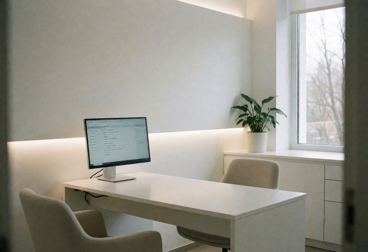 Consultoire médical moderne et épuré doté d'un bureau blanc, de chaises confortables, d'un écran et d'une plante près d'une fenêtre baignée de lumière naturelle.