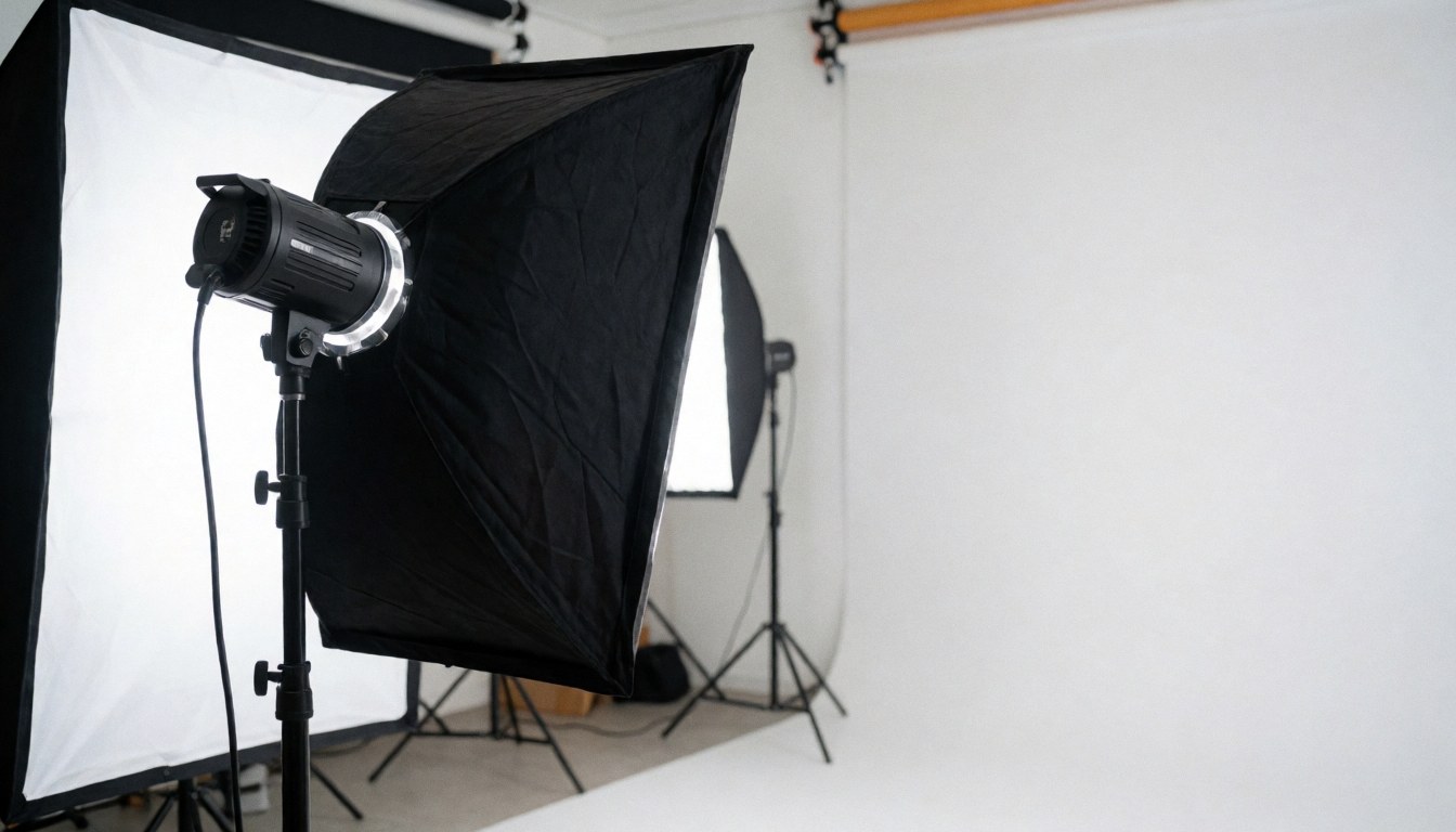 Studio de tournage professionnel doté d'un softbox, d'un fond blanc courbe et d'équipements lumineux en premier plan, idéal pour les vidéographes.