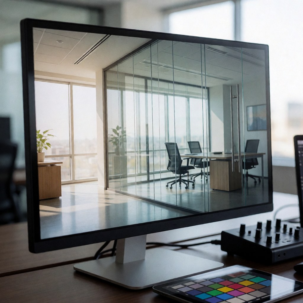 Moniteur professionnel montrant un bureau moderne avec fenêtres, chaises et lumière naturelle. Sur une table en bois se trouvent une tablette colorée et une interface audio. Arrière-plan flou.