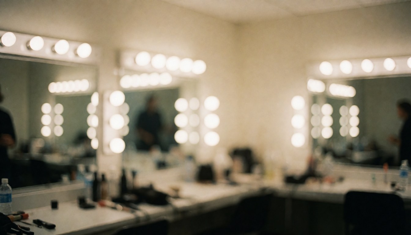 Arrière-plan flou d'une loge d'événement avec des miroirs, des lumières circulaires et des tables de maquillage. Idéal pour ajouter du texte sur la photographie d'événements.