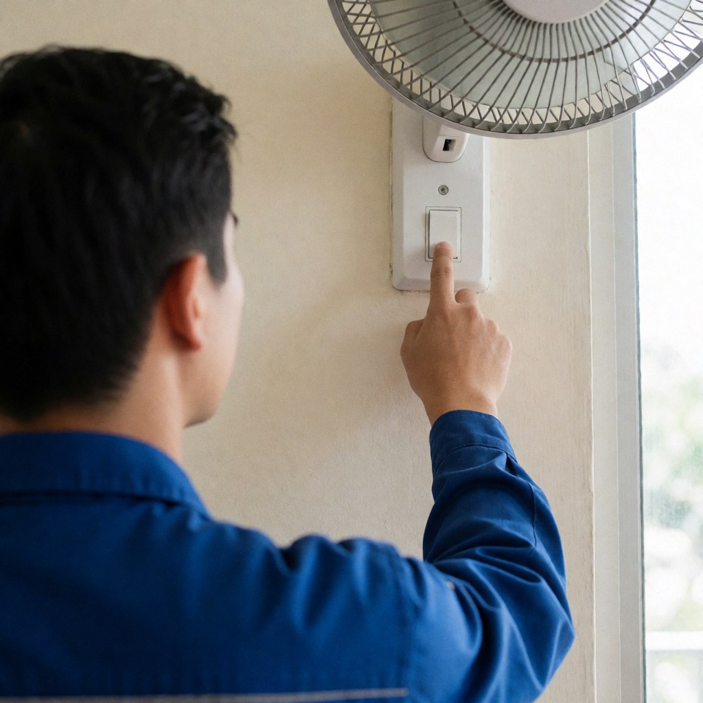 Un technicien en uniforme bleu ajuste un interrupteur de ventilateur fixé au mur, avec une lumière naturelle provenant d'une fenêtre, dans un cadre de réparation professionnelle.