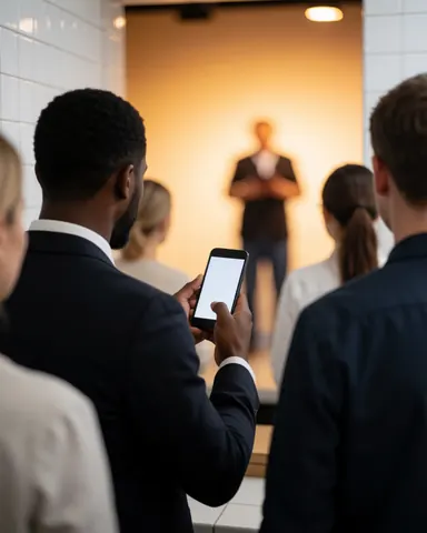 Un homme tenant un téléphone portable regarde vers une scène éclairée par une lumière chaude, entouré d'autres participants dans une salle.