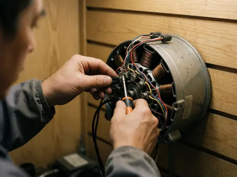 Mains gantées ajustant les terminaux du moteur avec un tournevis, des câbles multicolores et des bobines de cuivre visibles sur fond bois.