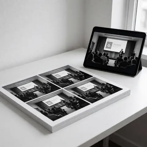 Empilement de photos noir et blanc sur une table blanche, accompagné d'une tablette affichant l'image numérique, éclairage naturel par fenêtre, fond blanc professionnel.