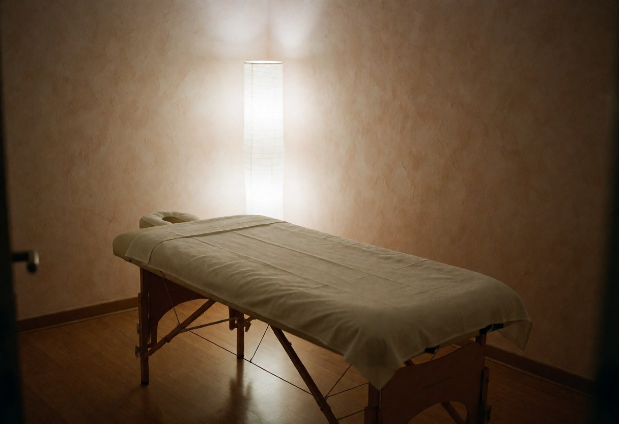 Pièce de massage équipée d'une table de traitement, aux murs en terre cuite et à l'éclairage doux de lampe, créant une ambiance calme et propre.