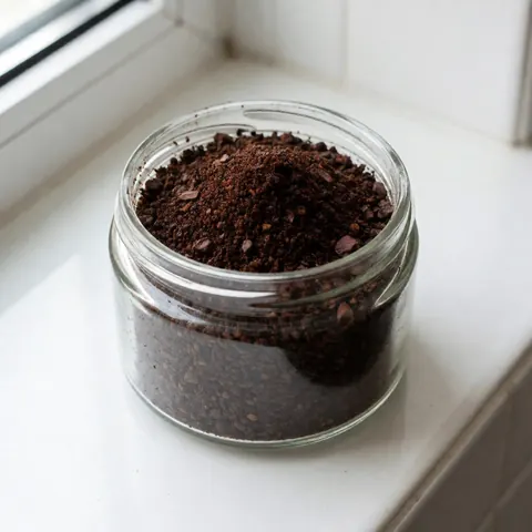 Un pot en verre rempli d'un exfoliant à base de café et de cacao posé sur un plan de travail blanc avec une lumière naturelle venant d'une fenêtre.