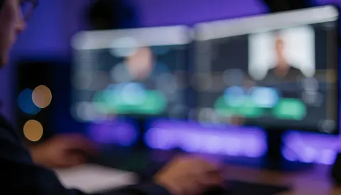 Arrière-plan de studio pour montage vidéo avec effet bokeh d'écrans et lumières en tons bleus et violets, idéal pour ajouter du texte.