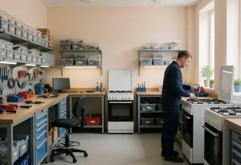 Technicien travaillant sur une cuisinière à gaz dans un atelier bien organisé avec outils et appareils. Murs beiges, éclairage naturel et ambiance professionnelle.