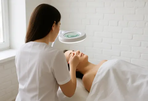 Un thérapeute effectue un soin du visage sur le nez d'un client dans une pièce aux murs de briques blanches et à la lumière naturelle.