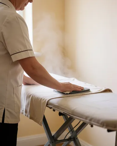 Un professionnel de la blanchisserie repasse un vêtement avec un fer à vapeur sur une table, illustrant la technique et l'équipement dans un environnement propre.