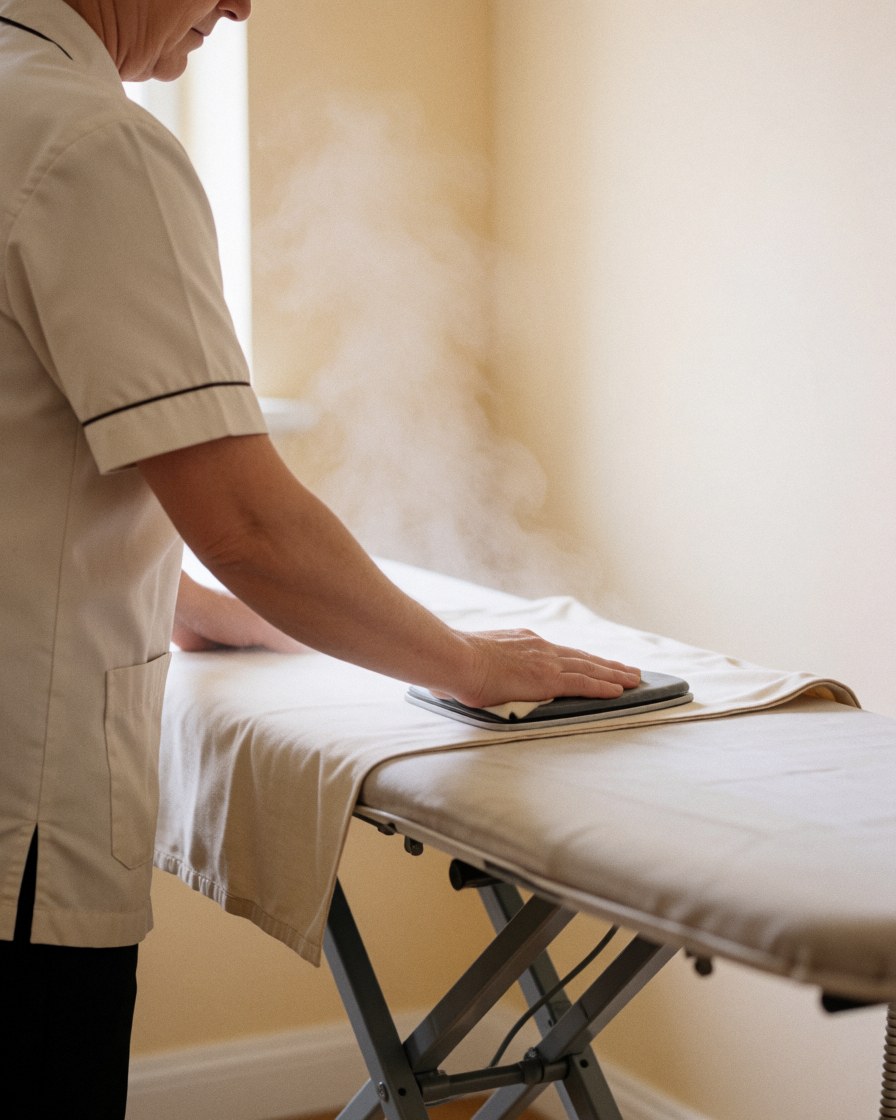 Un professionnel de la blanchisserie repasse un vêtement avec un fer à vapeur sur une table, illustrant la technique et l'équipement dans un environnement propre.