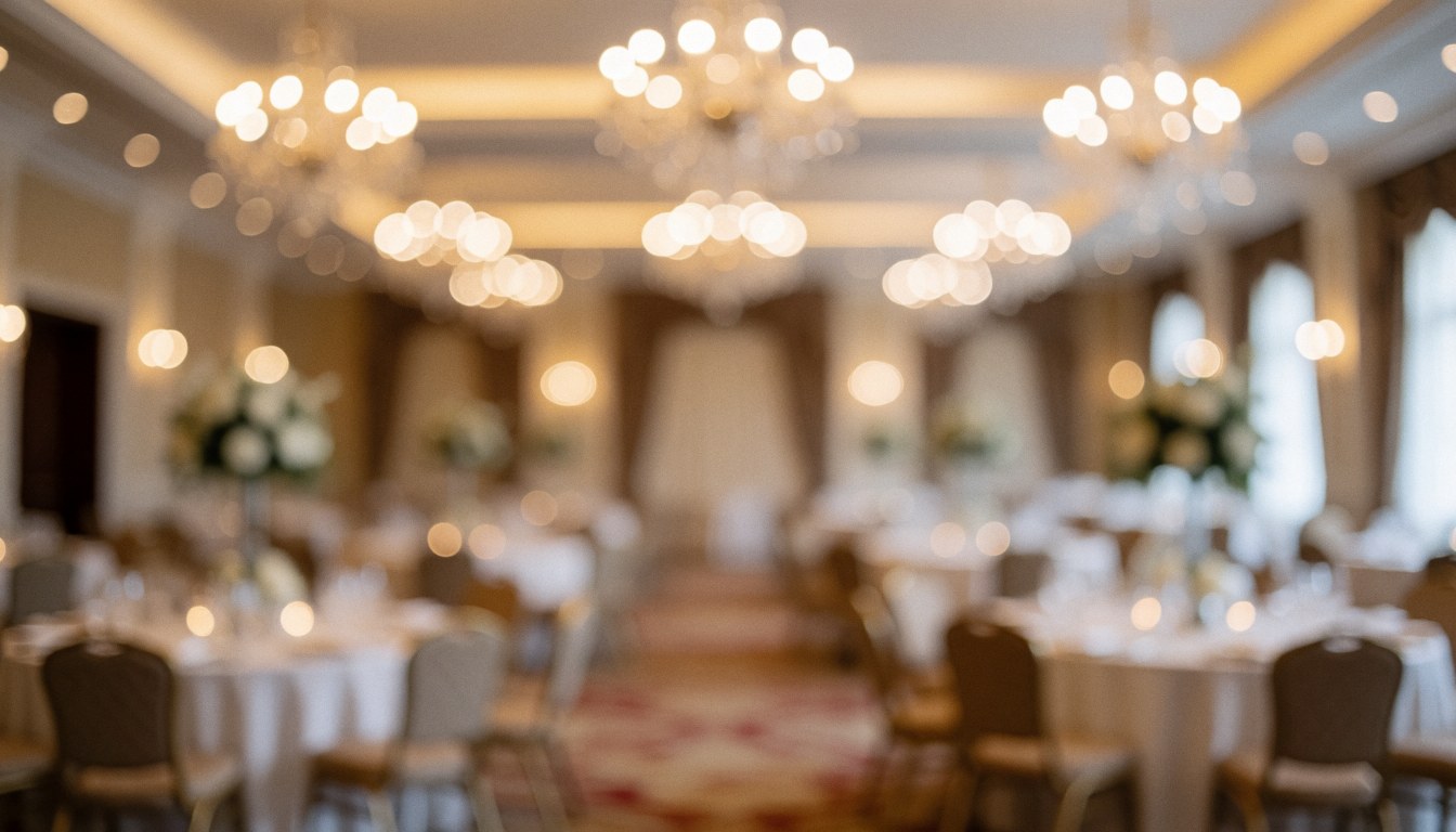 Arrière-plan flou d'une salle de réception avec tables couvertes, lustres et décoration florale, idéal pour superposer du texte.