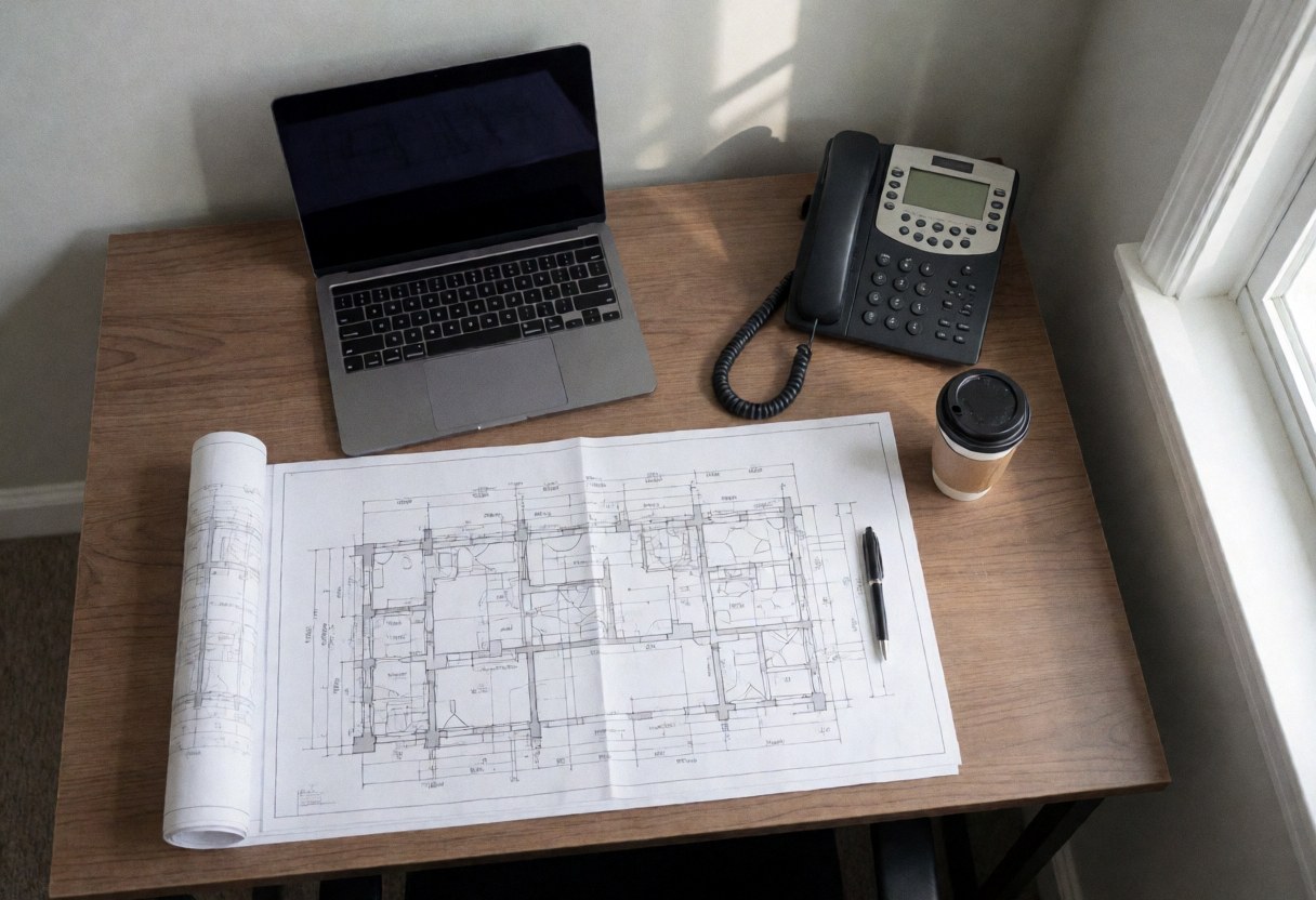 Bureau de technicien avec plans d'édifice, ordinateur portable, téléphone et café. Scène professionnelle de planification pour la réparation d'ascenseurs.