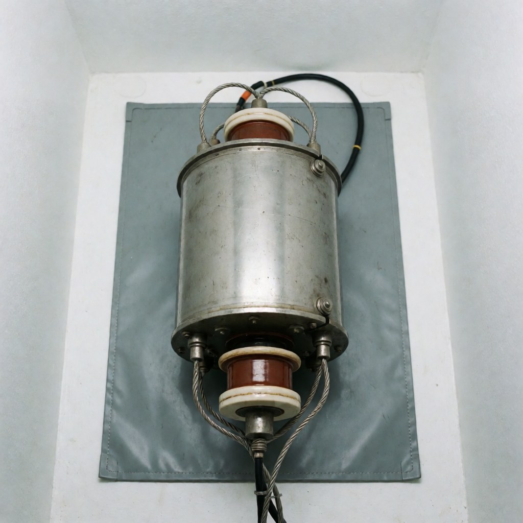 Magnétron pour micro-ondes avec isolants en céramique et câbles posés sur un tapis gris antistatique, fond blanc et éclairage clinique.