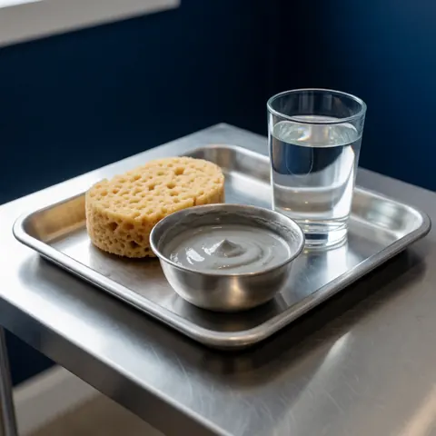 Plateau métallique contenant une éponge, de la boue grise et un verre d'eau posé sur une table en acier inoxydable devant un mur bleu foncé dans un cadre clinique professionnel.