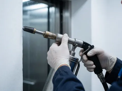 Une main portant un gant applique de la graisse lubrifiante sur une structure métallique industrielle. Une scène de maintenance professionnelle avec un fond flou mettant en valeur le détail du travail.