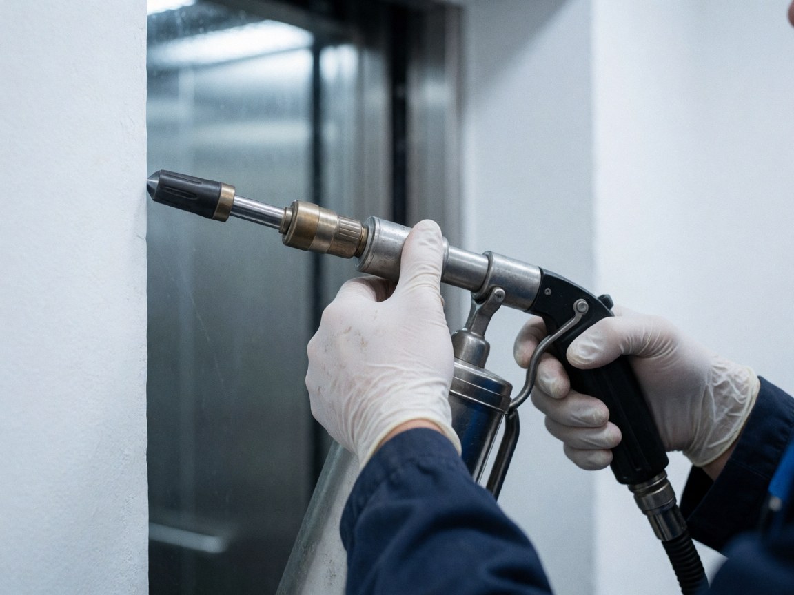 Une main portant un gant applique de la graisse lubrifiante sur une structure métallique industrielle. Une scène de maintenance professionnelle avec un fond flou mettant en valeur le détail du travail.