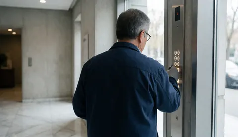 Vue arrière d'un technicien en uniforme bleu examinant les boutons lumineux d'un panneau métallique dans un hall au sol en marbre, baigné de lumière naturelle.