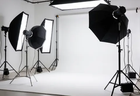 Studio professionnel équipé de softboxes et parapluies noirs, offrant un espace lumineux et propre pour la production visuelle.