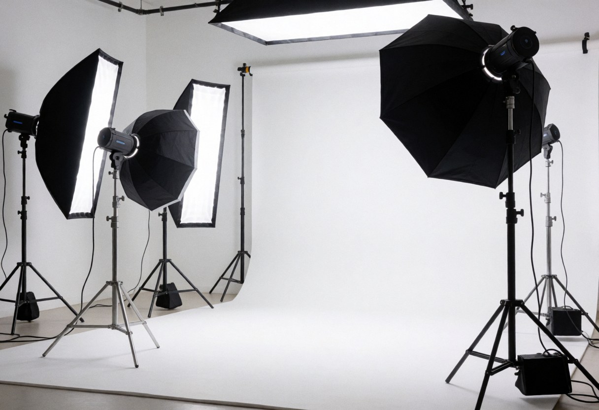 Studio professionnel équipé de softboxes et parapluies noirs, offrant un espace lumineux et propre pour la production visuelle.