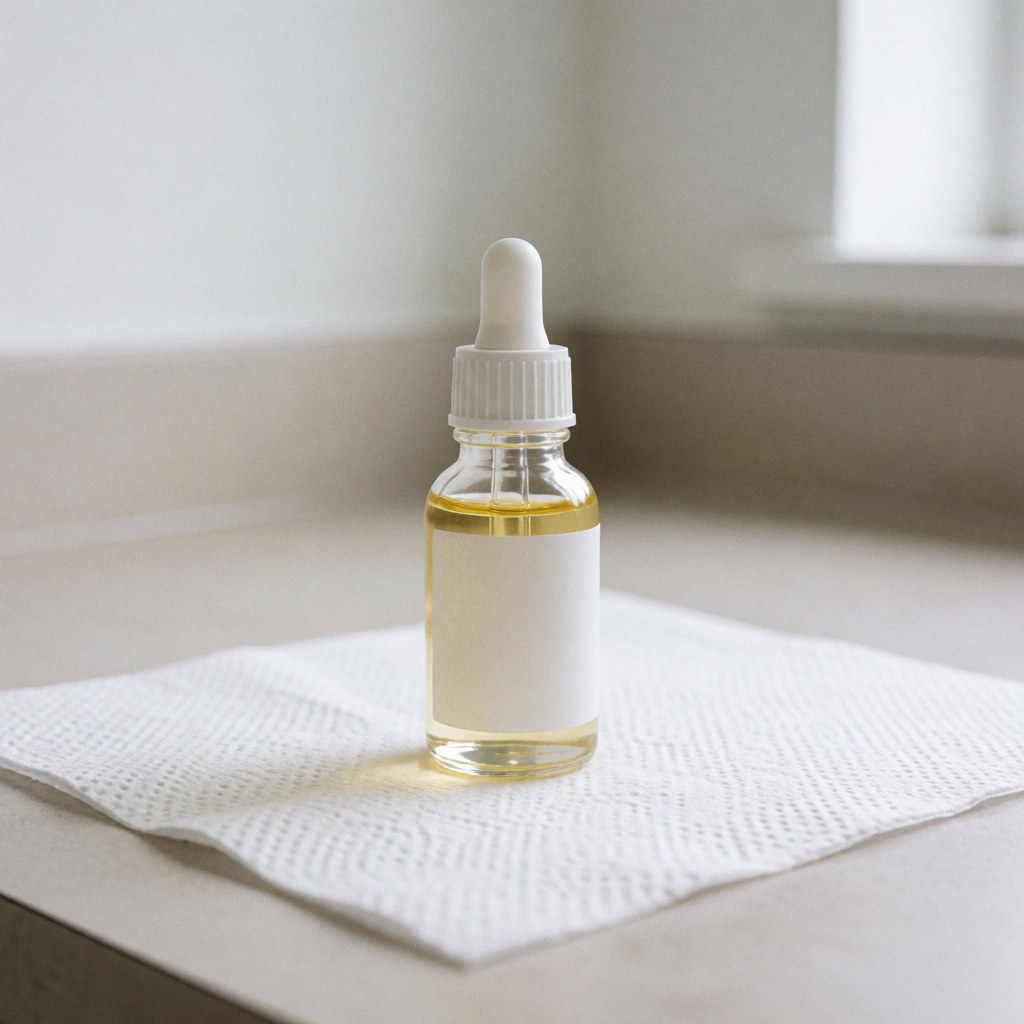 Flacon en verre de 30 ml avec compte-gouttes posé sur une feuille de papier hygiénique blanc, sur une surface clinique éclairée par une lumière naturelle douce.