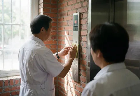 Un technicien en uniforme blanc nettoie avec un chiffon le panneau de contrôle d'un ascenseur fixé sur un mur en briques rouges, éclairé par la lumière naturelle du jour.