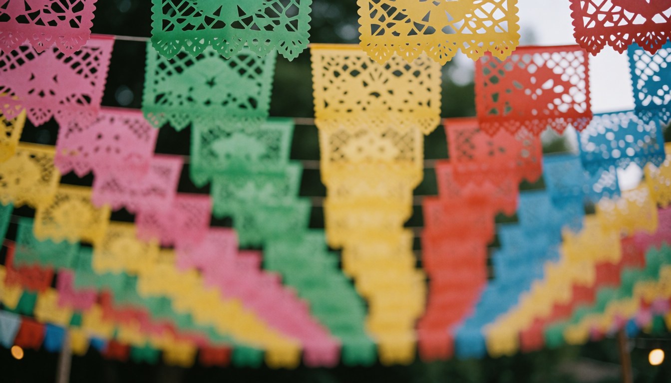 Arrière-plan festif en papier découpé aux tons rose vert jaune et rouge idéal pour événements et textes promotionnels