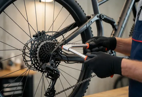 Un mécanicien portant des gants noirs utilise un outil de précision pour ajuster la chaîne d'une bicyclette dans un atelier.