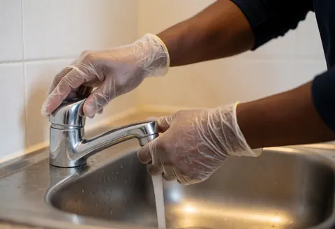 Une main portant un gant ajuste un robinet métallique propre avec de l'eau qui coule, sur un fond de carreaux blancs flou.