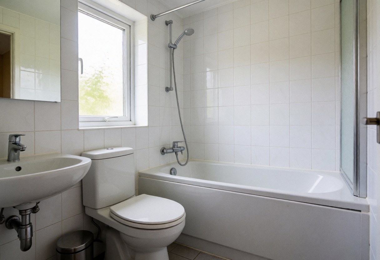 Salle de bain résidentielle propre avec toilettes, lavabo et baignoire, éclairée par une fenêtre, idéale pour les plombiers.