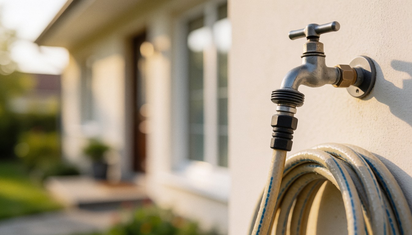 Un robinet de jardin fixé au mur avec un tuyau enroulé, sur fond de maison flou et éclairage chaleureux, idéal pour des textes sur la plomberie.