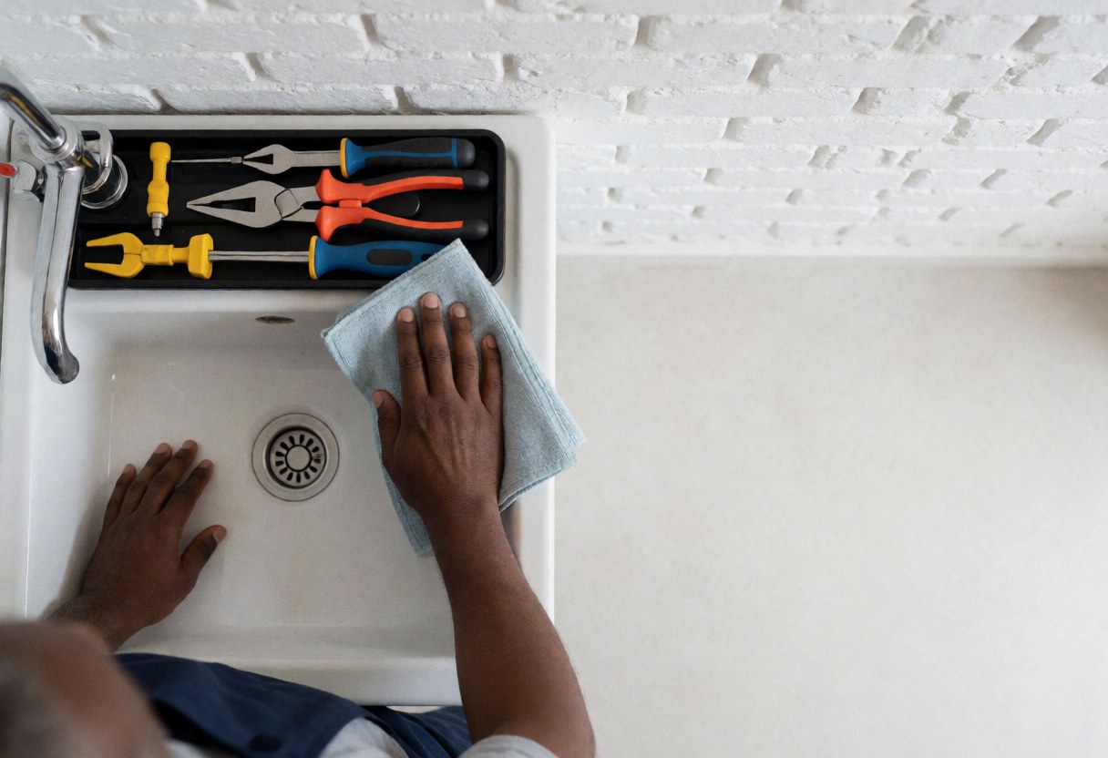 Un plombier nettoie un évier blanc avec une serviette en microfibre, des outils sur un plateau, mur de briques blanches et éclairage vif.