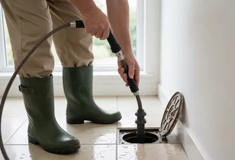 Un plombier en uniforme beige et bottes vertes utilise un furet pour déboucher un sol près d'une fenêtre avec lumière naturelle.
