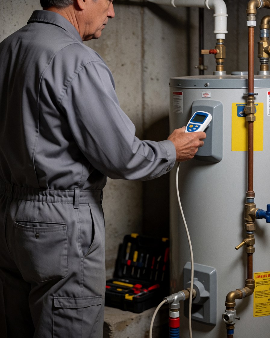 Un plombier en uniforme gris vérifie la température d'un chauffe-eau à l'aide d'un thermomètre numérique dans un sous-sol aux murs de béton, des outils étant posés à proximité.