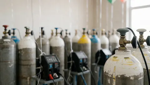 Fond industriel avec des bouteilles d'hélium et des machines de gonflage pour événements, texture métallique floue, idéal pour superposer du texte publicitaire.