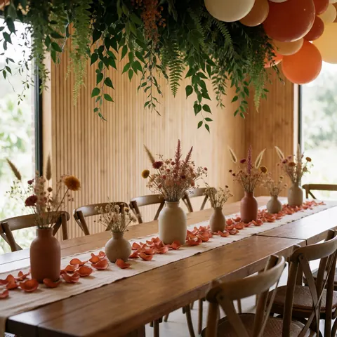 Une longue table en bois ornée d'un chemin de pétales, de vases contenant des fleurs séchées et de ballons oranges suspendus à du feuillage vert.