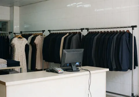 Comptoir de réception équipé d'un ordinateur et d'une borne de paiement, devant des portemanteaux portant costumes et robes, sur un fond de murs carrelés blancs éclairés par la lumière naturelle.