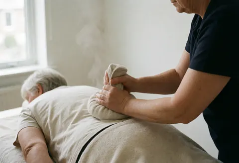 Thérapeute professionnel posant une compresse chaude sur le dos d'un client, vapeur visible, fond blanc, lumière naturelle, ambiance calme et relaxante.
