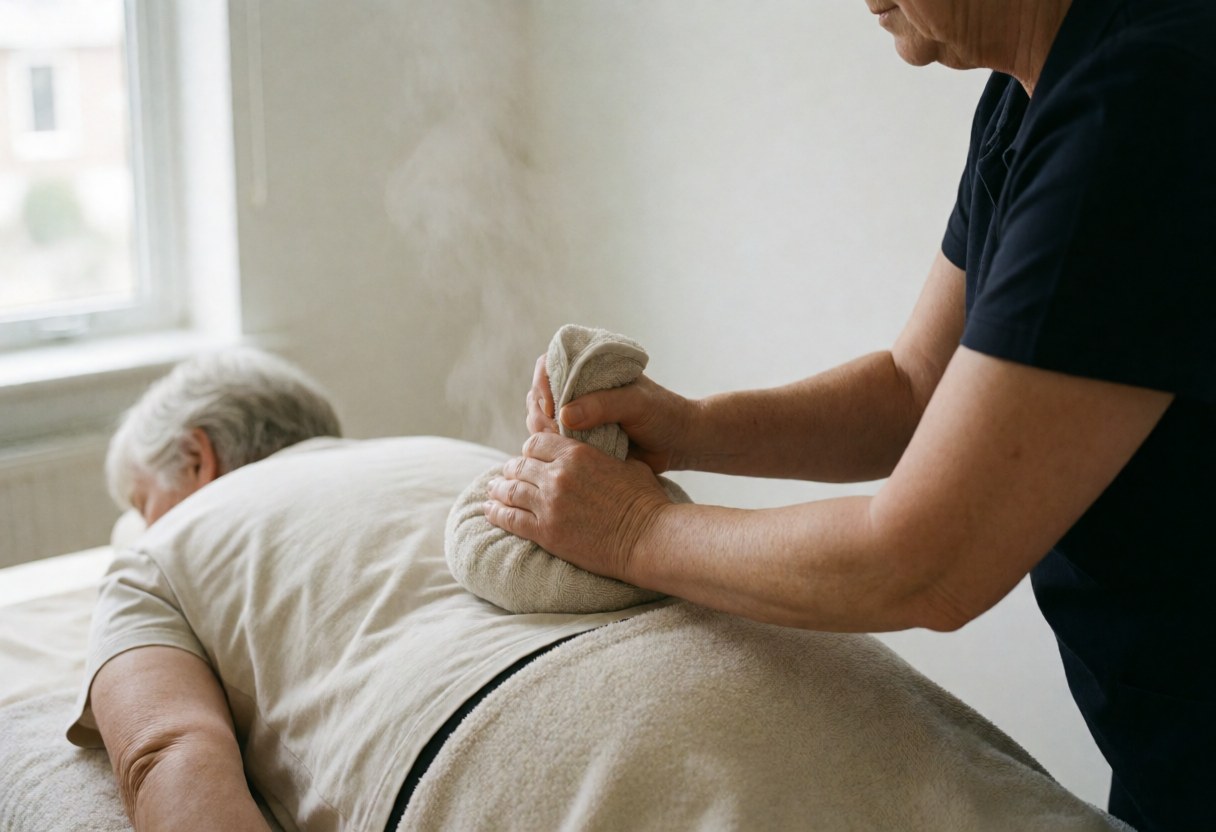 Thérapeute professionnel posant une compresse chaude sur le dos d'un client, vapeur visible, fond blanc, lumière naturelle, ambiance calme et relaxante.