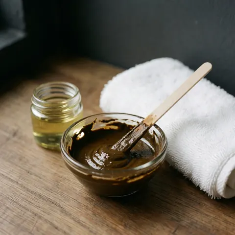 Petit bol en verre contenant du henné brun pour les sourcils, accompagné d'un pinceau applicateur en bois, d'un flacon d'huile et d'une serviette blanche sur une table en bois.