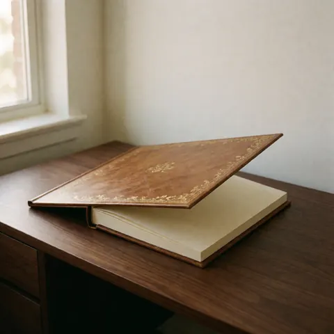 Album de photos de graduation à la couverture en cuir marron avec détails dorés, posé sur une table en bois sombre éclairée par la lumière naturelle.