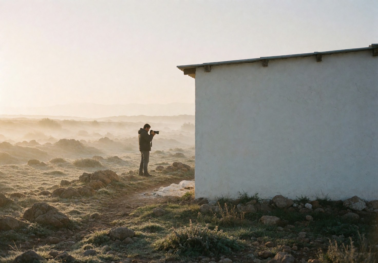 Un photographe professionnel capture un paysage naturel au lever du jour sur un terrain rocheux brumeux près d'un mur blanc.