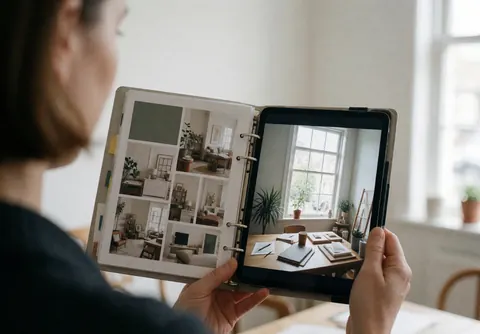 Un professionnel compare un design de mariage sur un mood board avec une tablette numérique dans un bureau lumineux et ordonné.