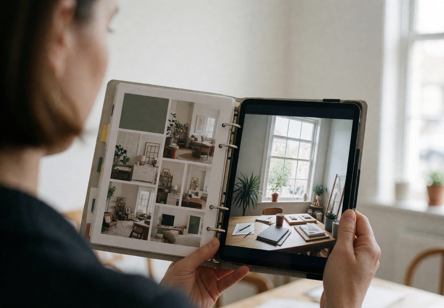 Un professionnel compare un design de mariage sur un mood board avec une tablette numérique dans un bureau lumineux et ordonné.