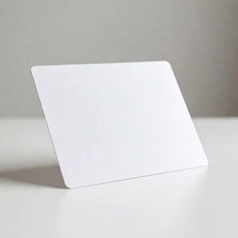 Carte blanche ornée d'un design d'empreintes digitales sur une surface blanche, fond gris neutre, idéal pour documentation professionnelle.