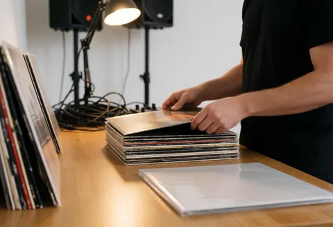 Un dj professionnel range des disques vinyles dans des housses protectrices sur une table en bois, avec du matériel audio et des lumières en arrière-plan flou.
