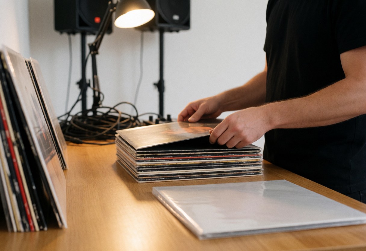 Un dj professionnel range des disques vinyles dans des housses protectrices sur une table en bois, avec du matériel audio et des lumières en arrière-plan flou.
