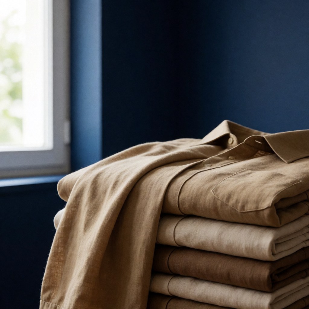 Une pile de chemises en lin réparées aux tons terre, une chemise dépliée révélant sa texture douce, éclairée par la lumière naturelle d'une fenêtre, sur un fond de mur bleu marine.
